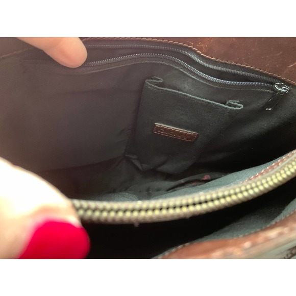 Vtg DKNY Handbag Purse Brown Tooled Deer Leather Stitches Zip Top Double Handles - Picture 5 of 8